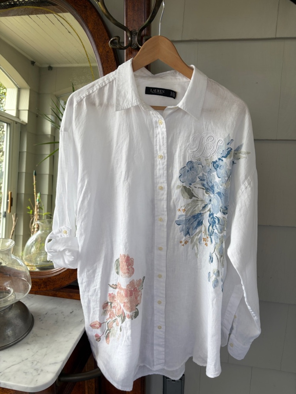 Ralph Lauren Button-Down Shirt or Swim Cover-Up Blue Pink Floral - Picture 3 of 9